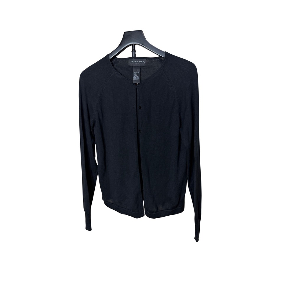 August Silk 100% Silk Black Cardigan Sweater Womens Large Long Sleeve Button Up